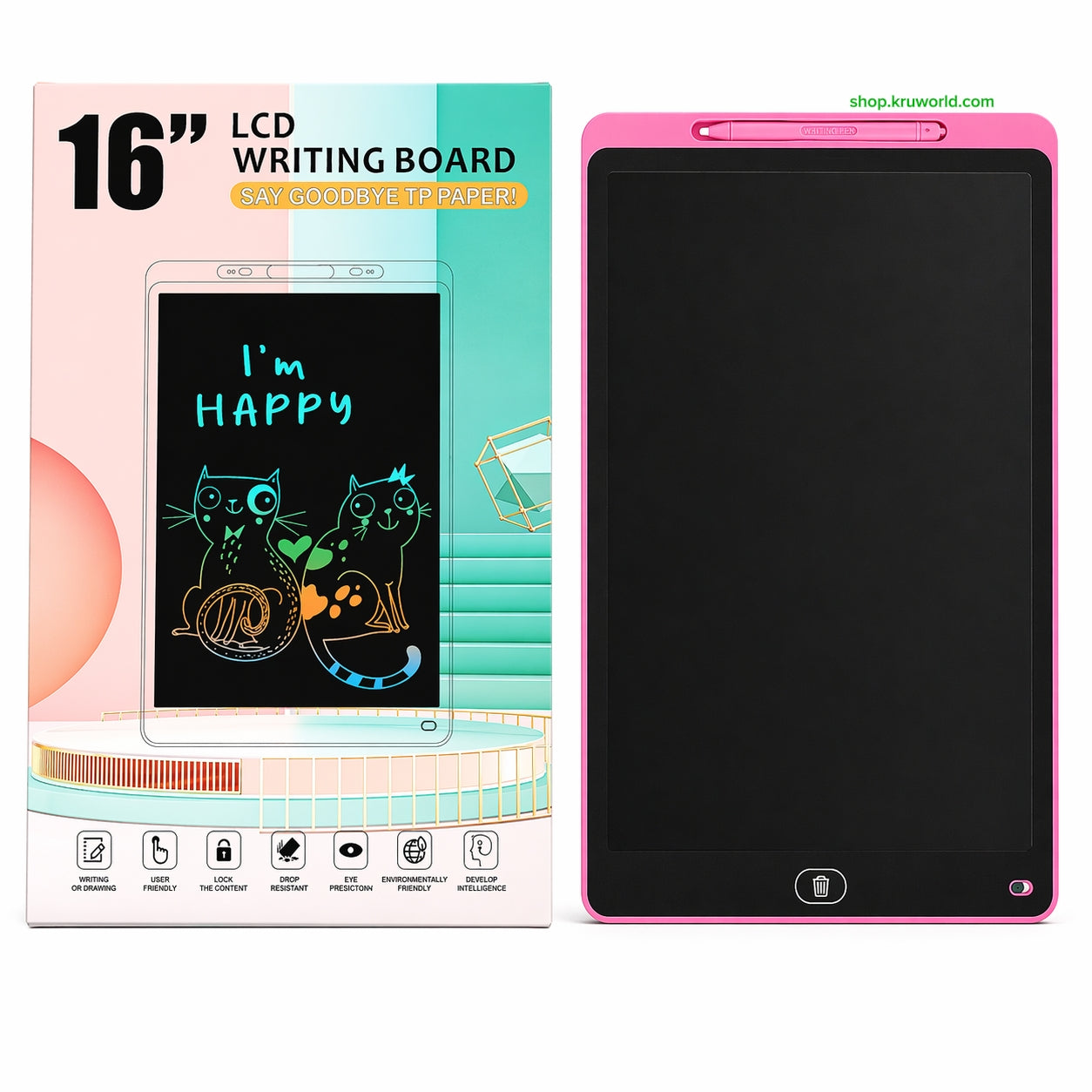 16-inch LCD writing board with pink frame and colorful packaging