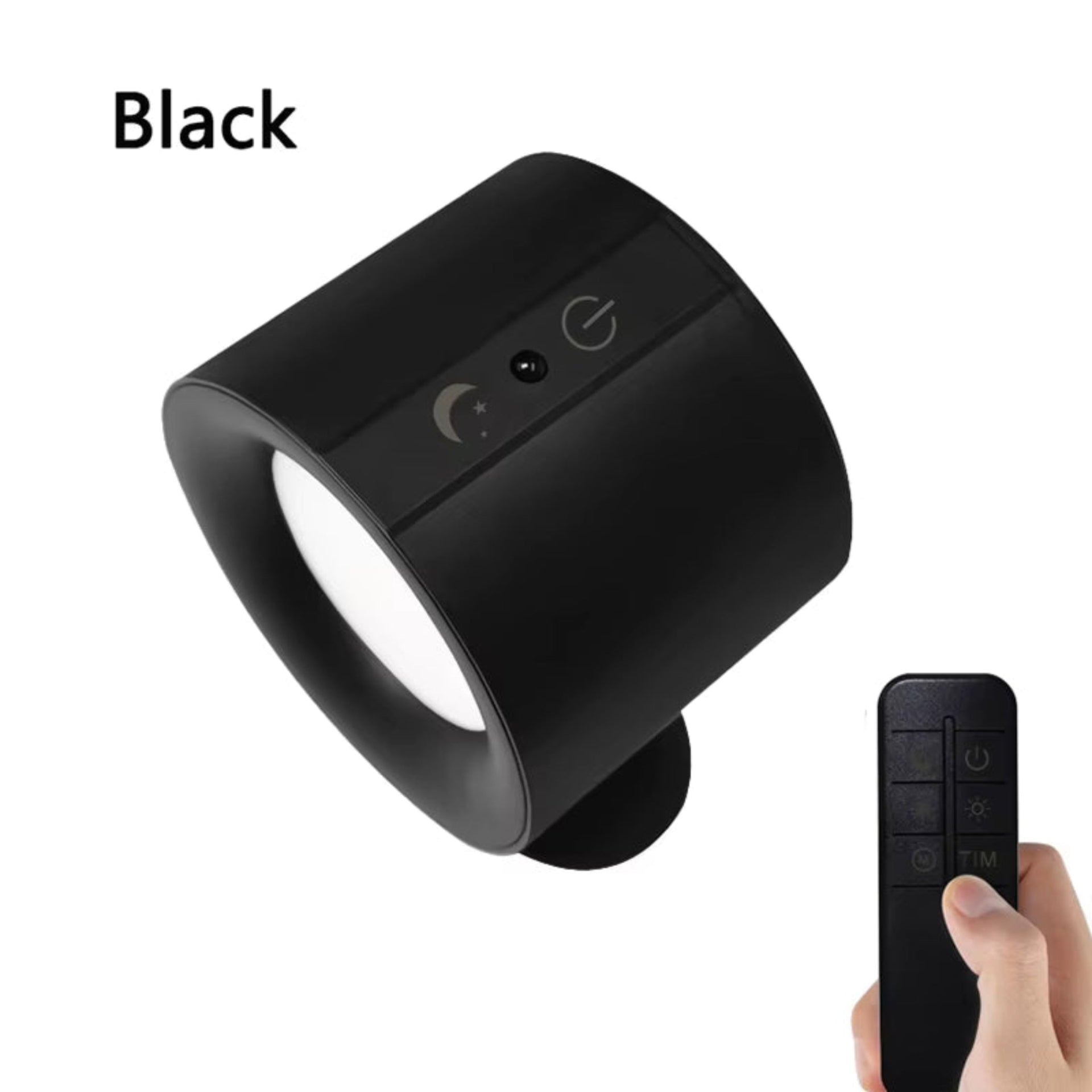 Black lamp with remote control on a white background