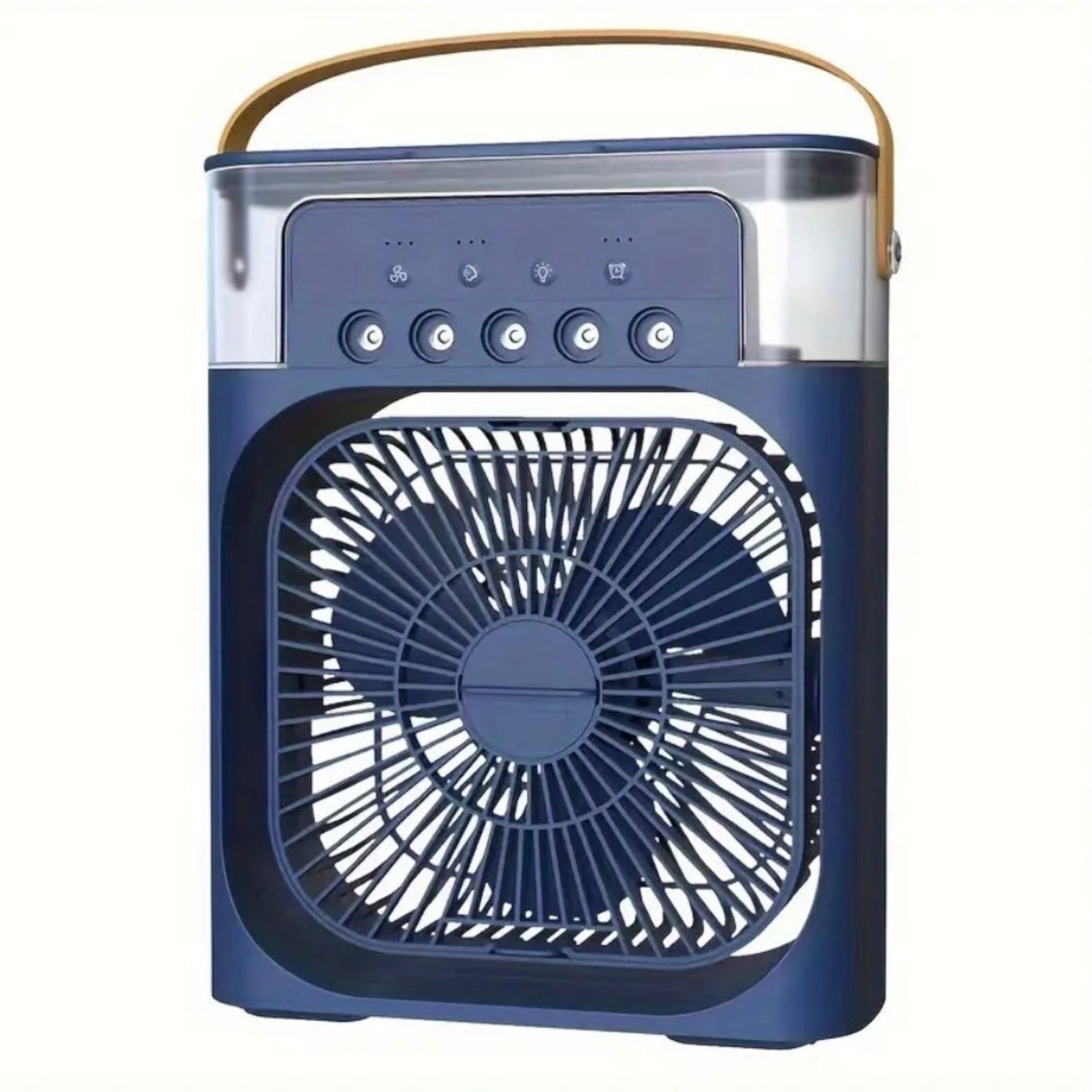 Blue portable fan with a handle on a white background