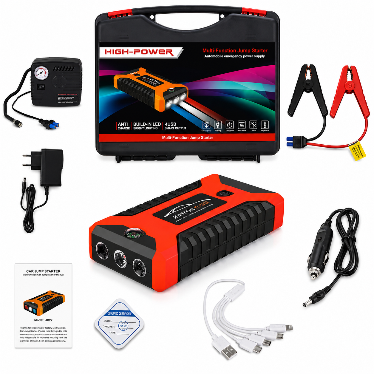 A multi-function emergency power supply jump starter kit shown with all included accessories on a white background: a black-and-orange portable power station, carrying case, battery clamp leads, car charger adapter, cables, USB charging cables, a small instruction sheet, and a warranty card.