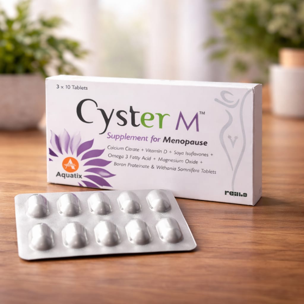 Cyster M supplement packaging for menopause on a wooden surface with a blurred indoor background