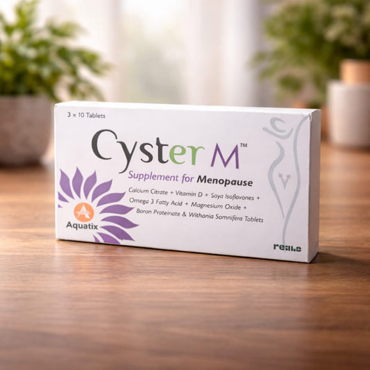 Cyster M supplement box for menopause on a wooden surface with plants in the background