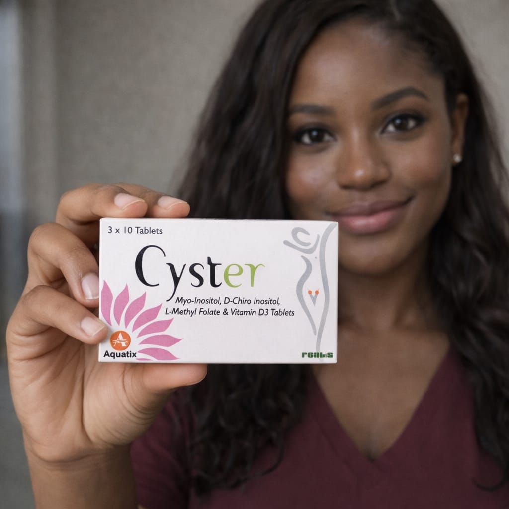 Woman holding a box of 'Cyster' tablets