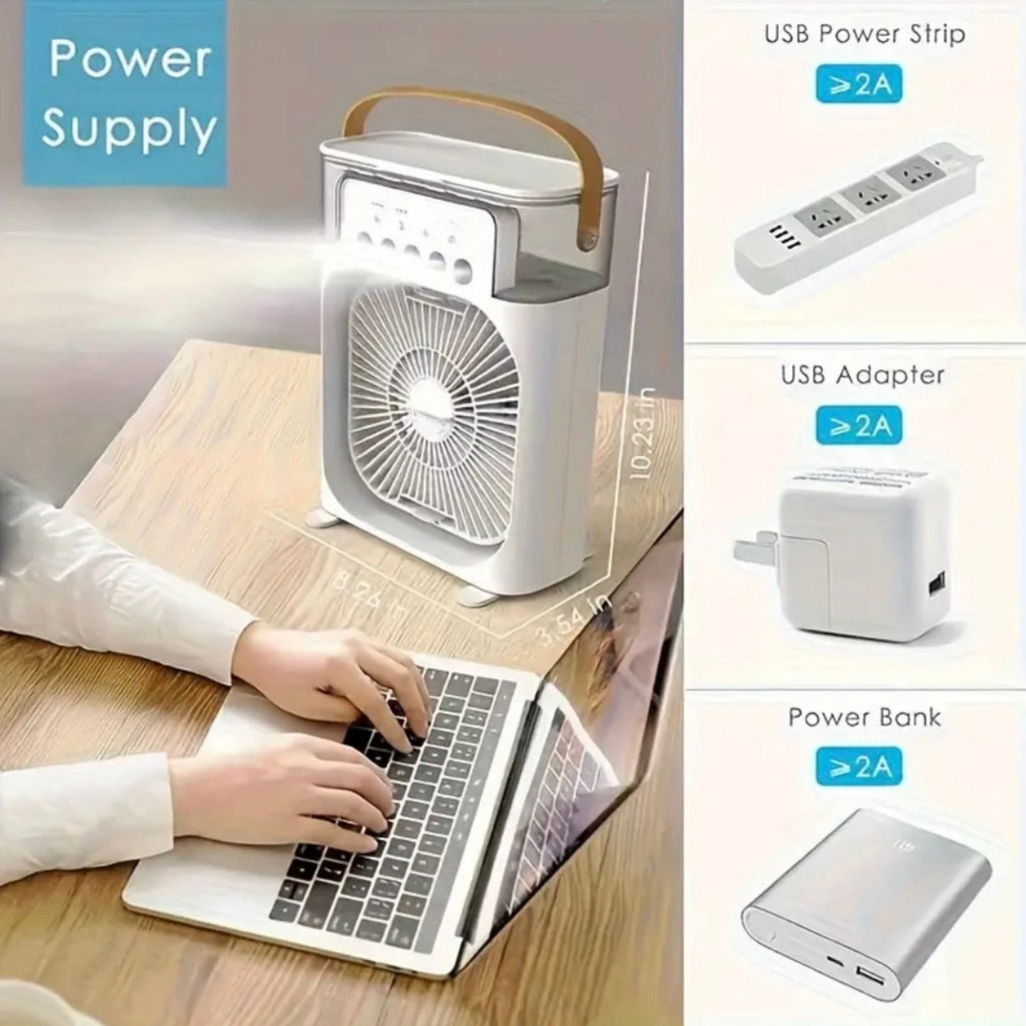 Collage of power supply products including a fan, power strip, adapter, and power bank on a desk.