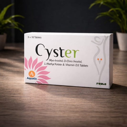 Cyster supplement box on a wooden surface with plants in the background