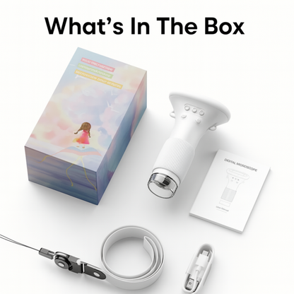 Digital microscope with packaging and accessories on a white background