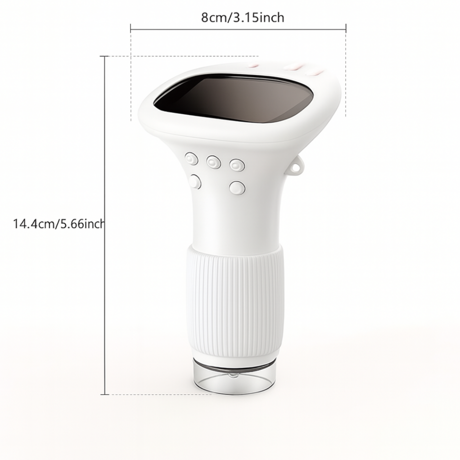 White handheld device with black top and measurements on a white background