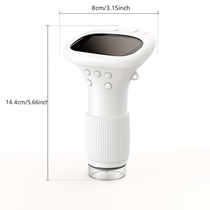 White handheld device with black top and measurements on a white background