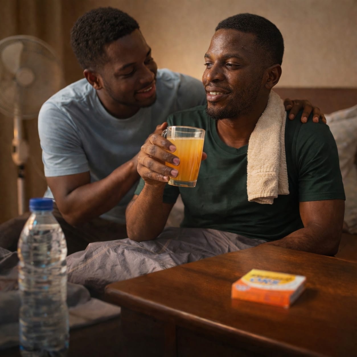 Men rehydrating with orange Electrokick ORS after stress in a home setting.