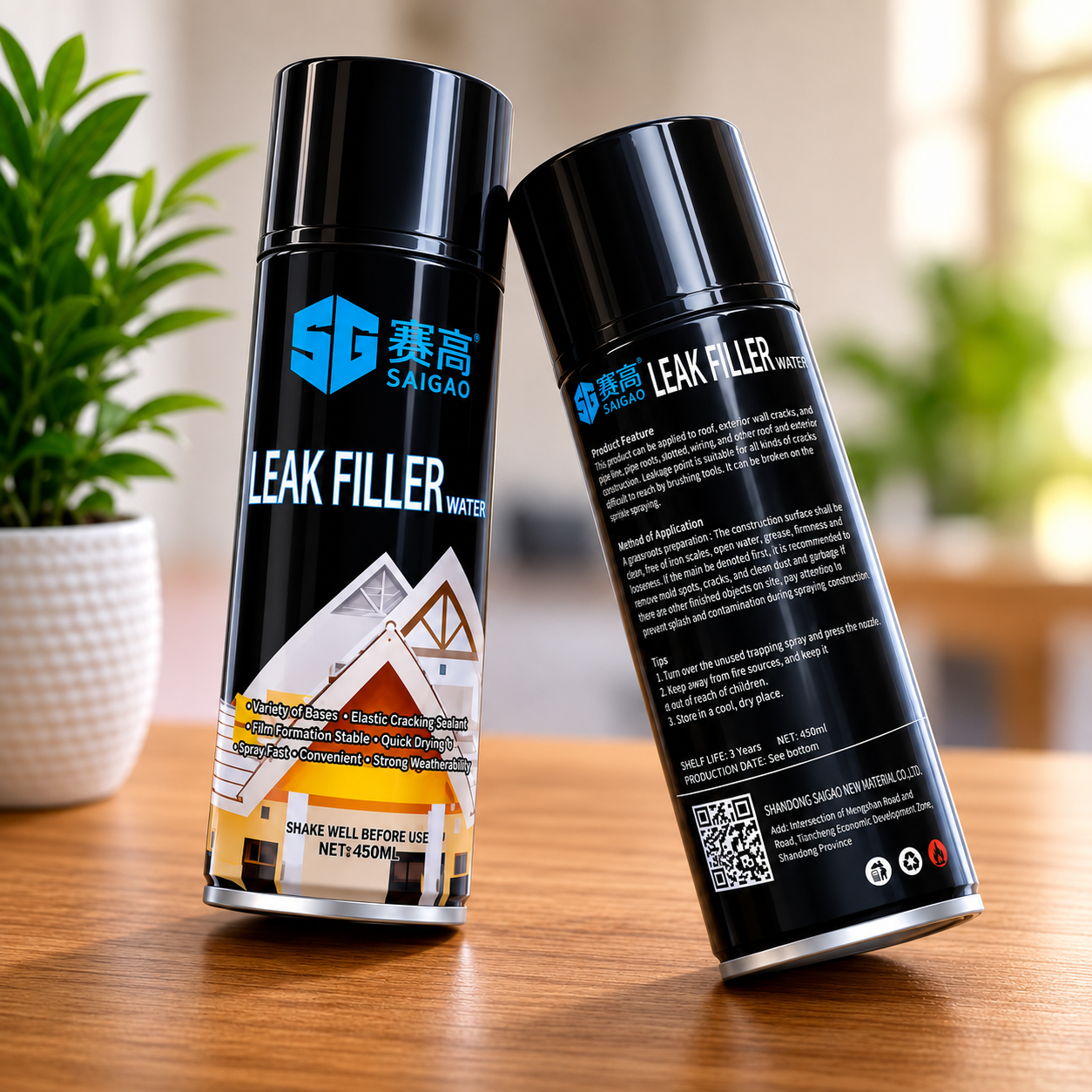 Two black spray cans of SAIGAO Leak Filler Water displayed on a wooden table with blurred green plants in the background.
