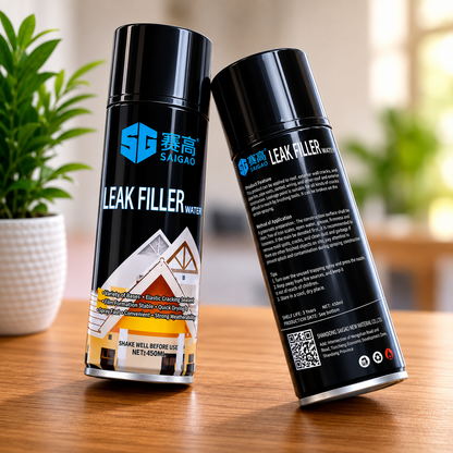 Two black spray cans of SAIGAO Leak Filler Water displayed on a wooden table with blurred green plants in the background.