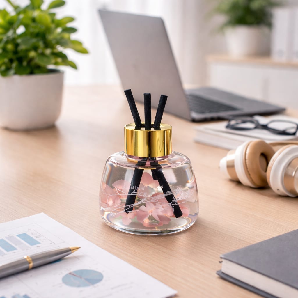 Clear diffuser bottle with black sticks on a desk with a laptop and office supplies.