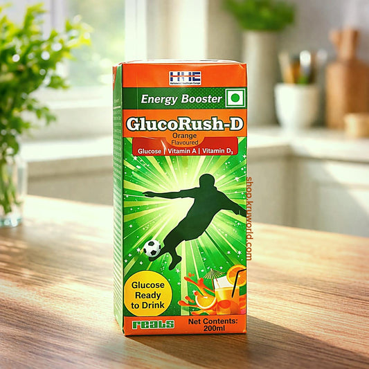 GlucoRush-D energy booster drink box on a wooden surface with a kitchen background
