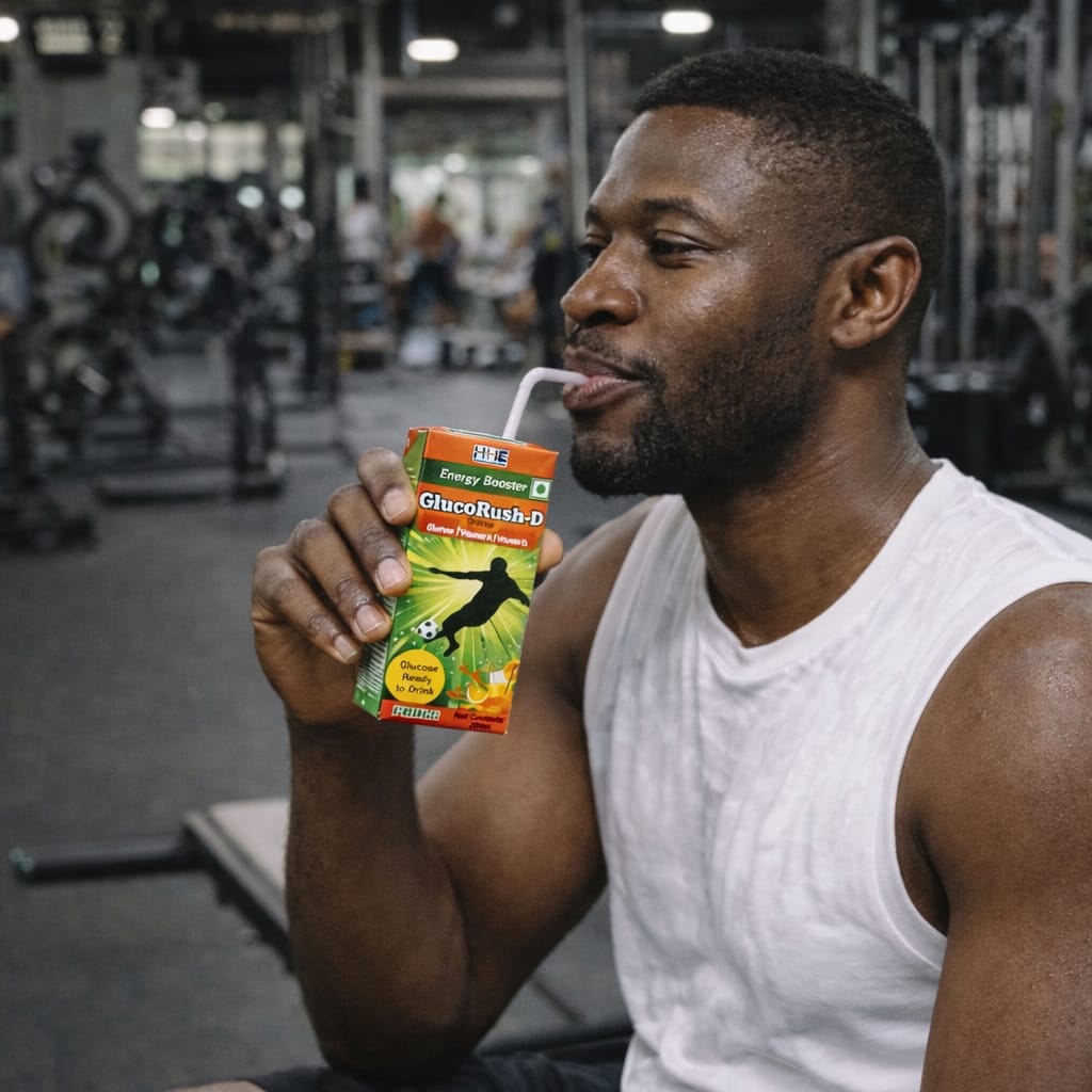 Man in a gym holding a GlucoRush-D supplement box