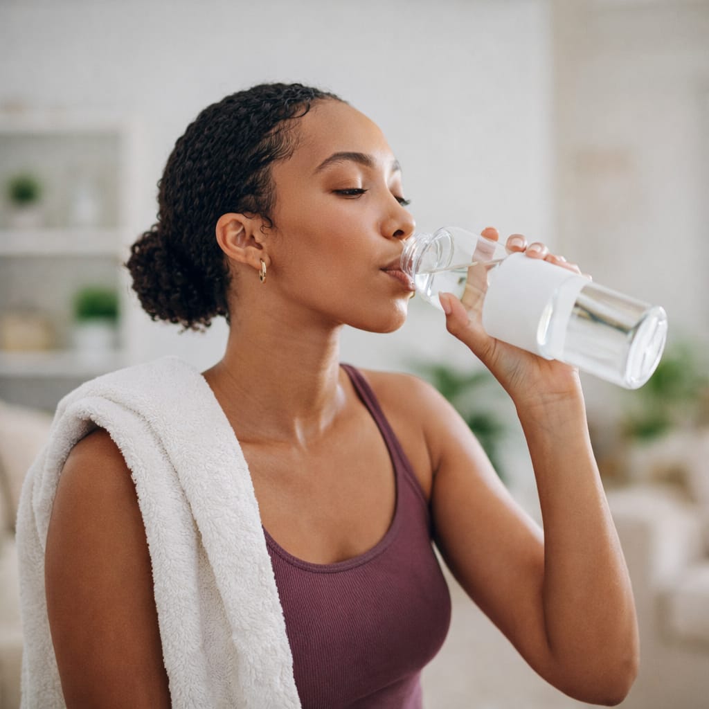 Woman drinking water from a bottle with a towel draped over her shoulder in a home setting.
