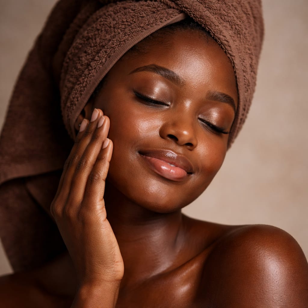 Woman with a brown towel on her head, touching her face against a beige background