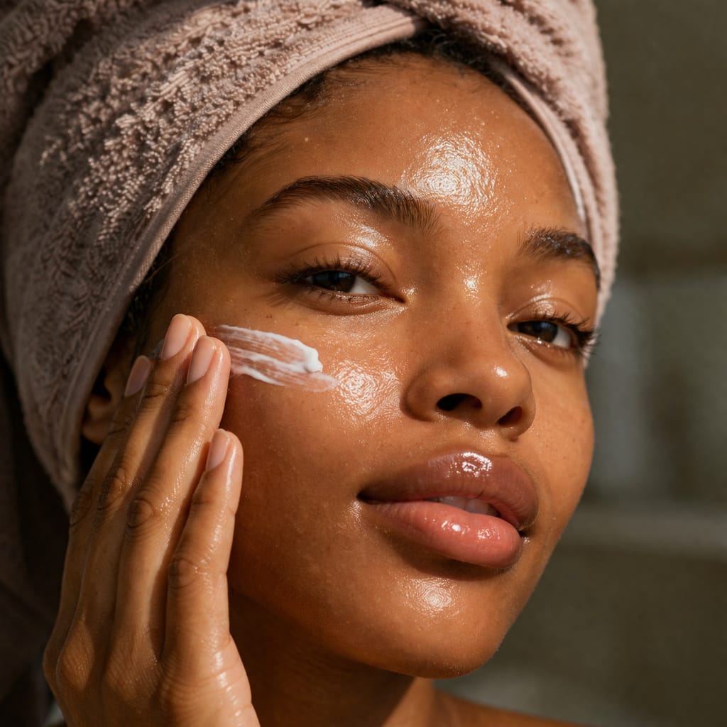 Woman applying cream to her face with a towel on her head