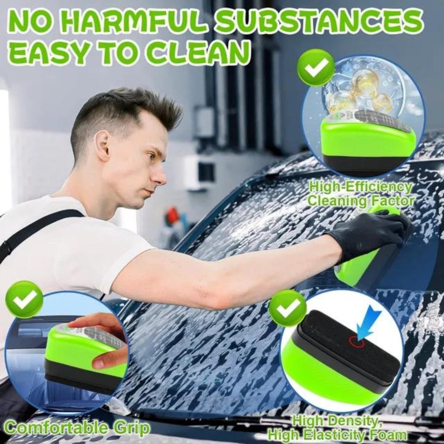 Person cleaning a car with a green cleaning tool, emphasizing ease of use and product features.