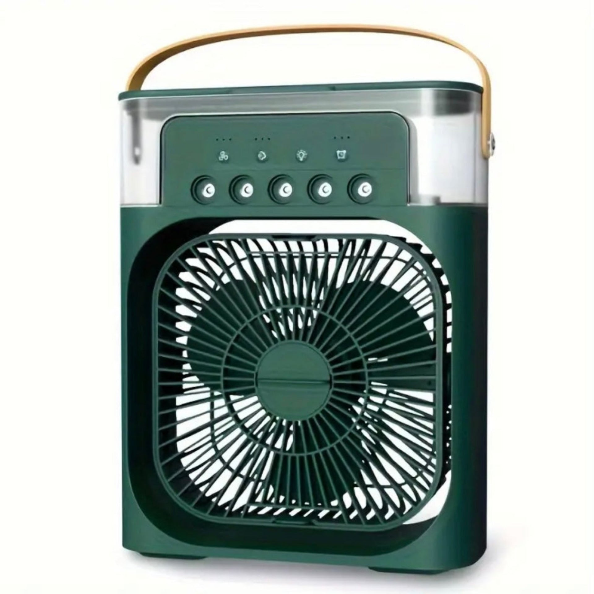 Green portable fan with control buttons on a white background
