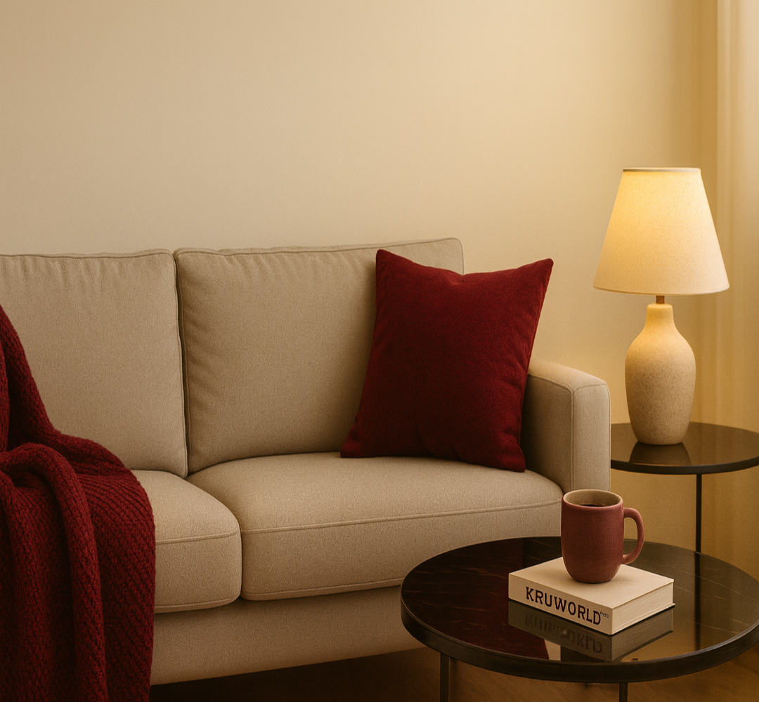 Beige sofa with a red pillow and blanket in a cozy living room setting.