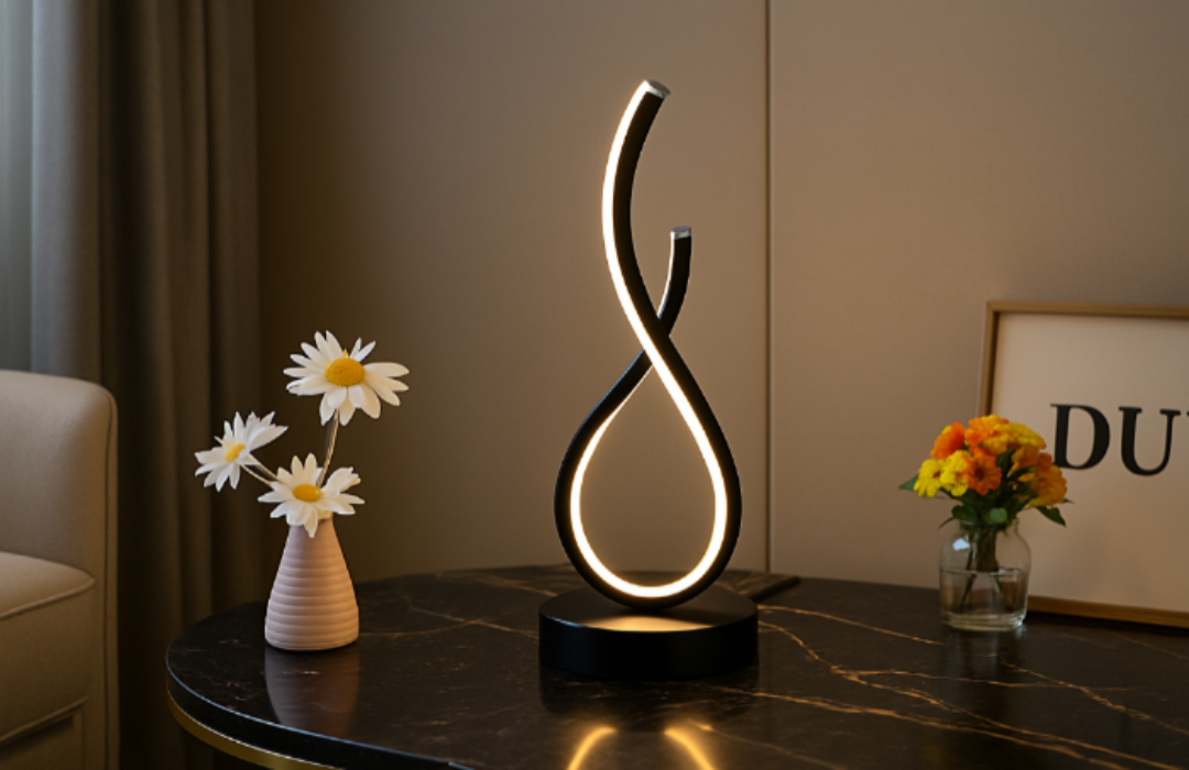 Modern table lamp with decorative flowers on a dark surface