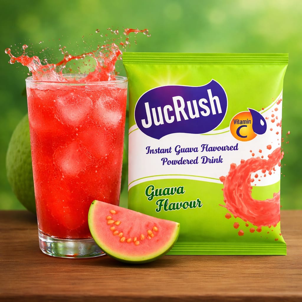 JucRush Guava Flavoured Powdered Drink package with a glass of guava juice and guava fruit on a wooden surface.