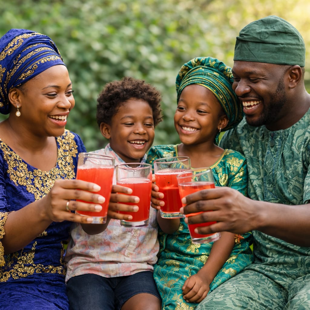 A family of four, two adults and two children, sitting together outdoors and holding glasses of red juice.