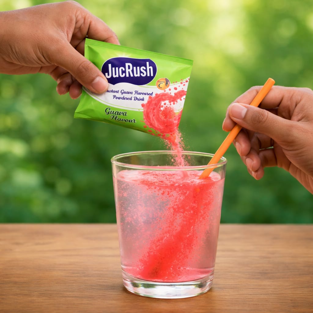 JucRush guava-flavored powder being added to a glass with a straw, outdoors.