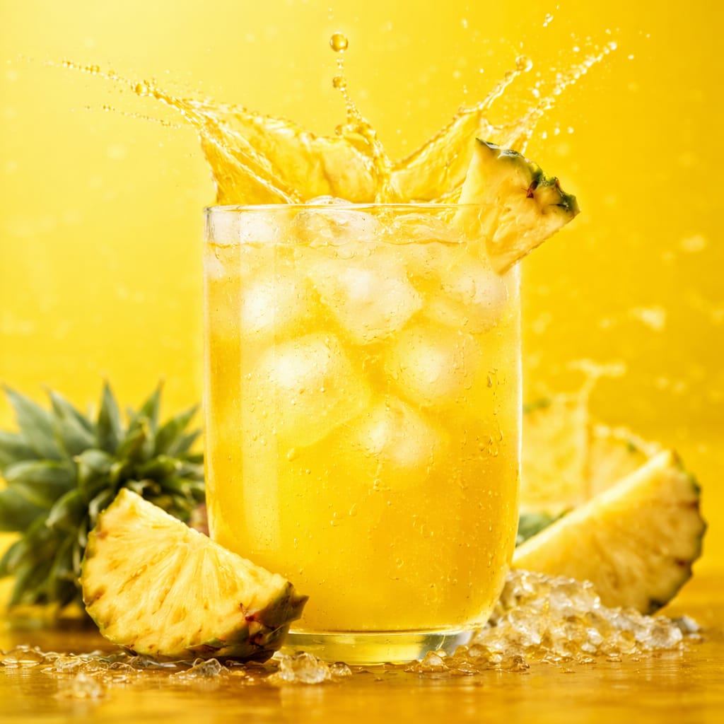 Glass of pineapple juice with ice cubes and pineapple slices on a yellow background