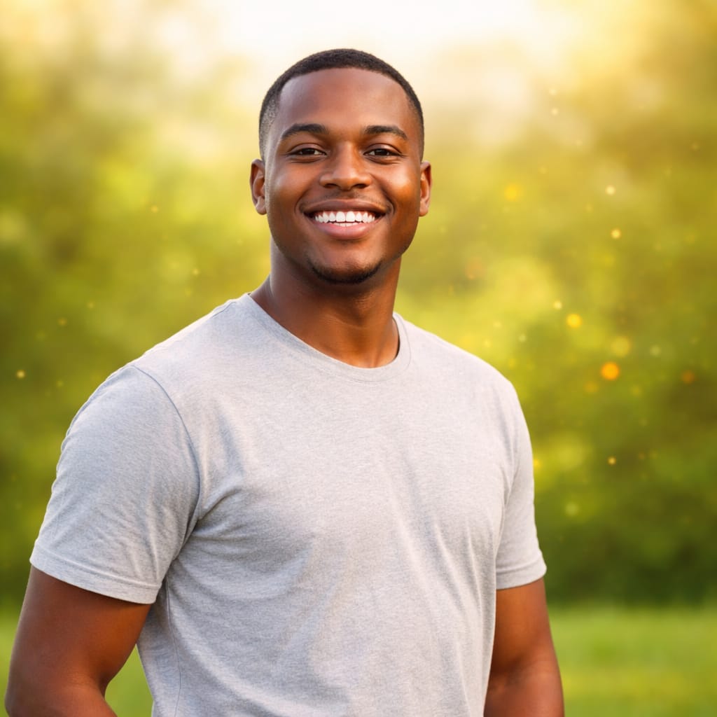 Man wearing a gray t-shirt with a blurred green background