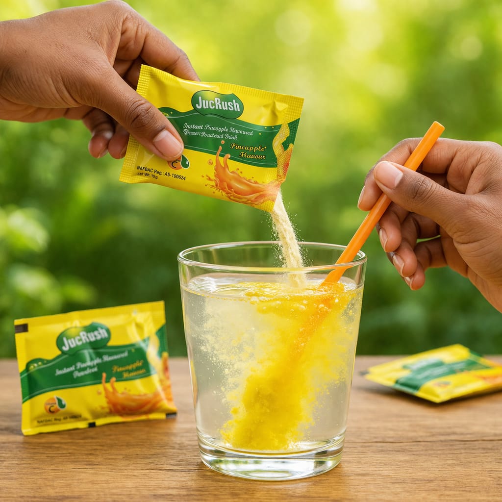 Person dissolving a JucRush pineapple flavor packet into a glass of water with a straw outdoors.