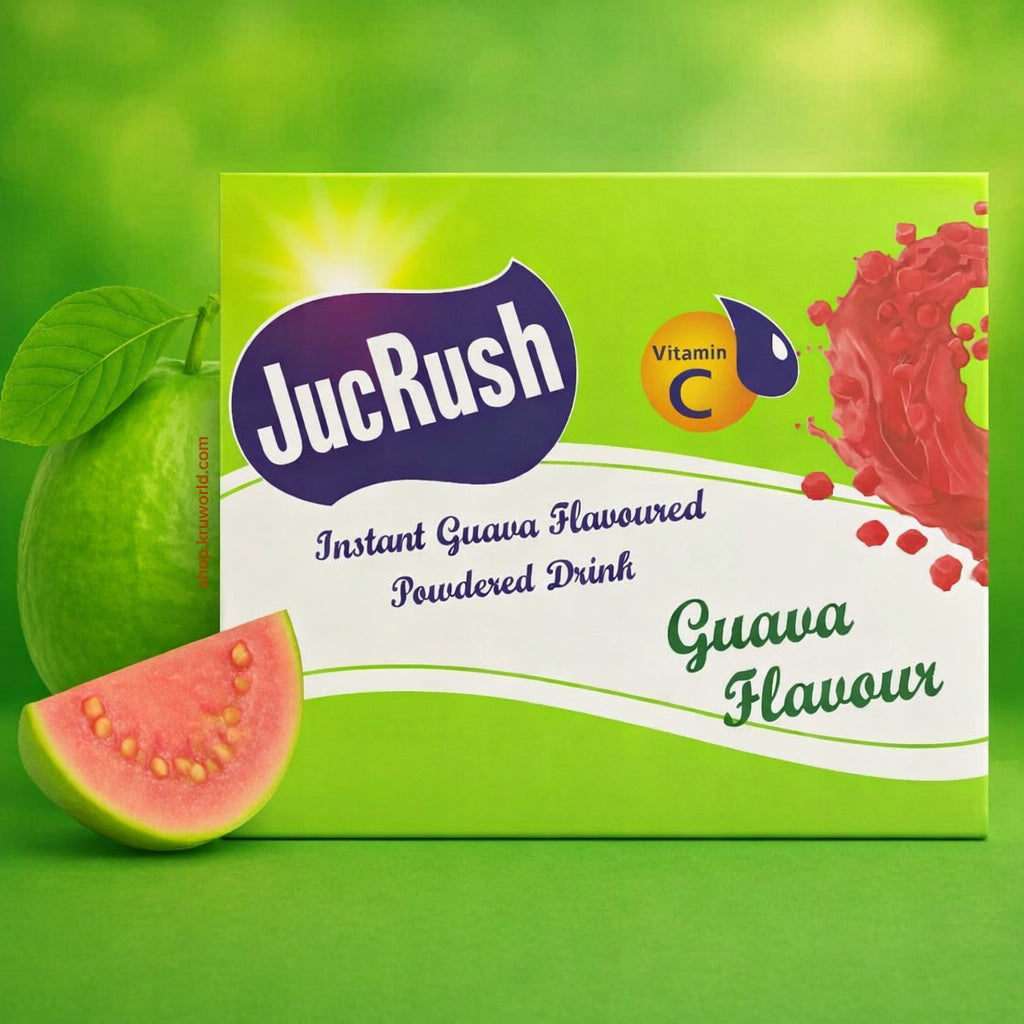 JucRush instant guava-flavoured powdered drink package with a guava fruit on a green background