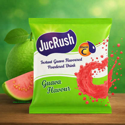 JucRush Guava Flavoured Powdered Drink package with guava fruit on a green background