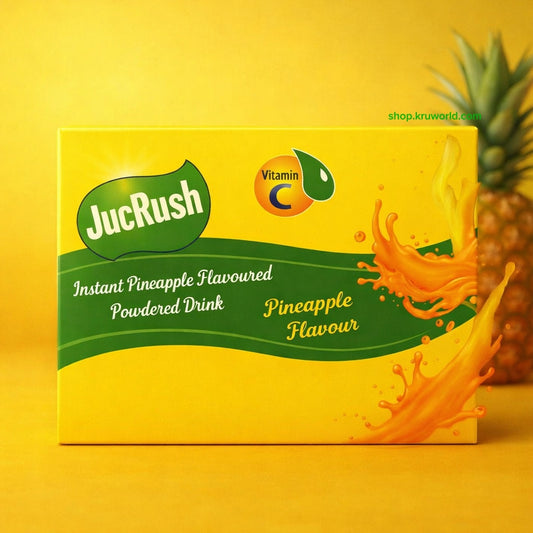 JucRush instant pineapple-flavored powdered drink box on a yellow background with a pineapple.