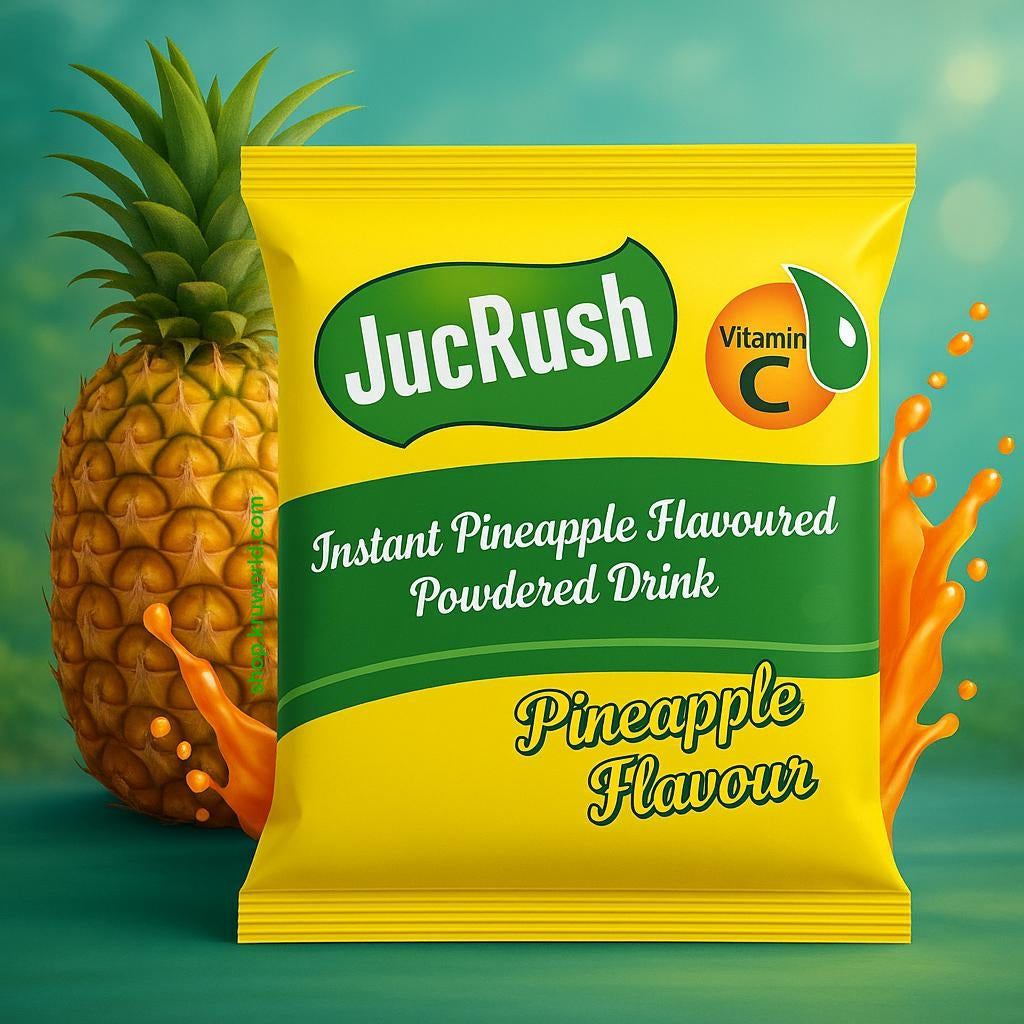 JucRush Instant Pineapple Flavoured Powdered Drink package with a pineapple on a green background