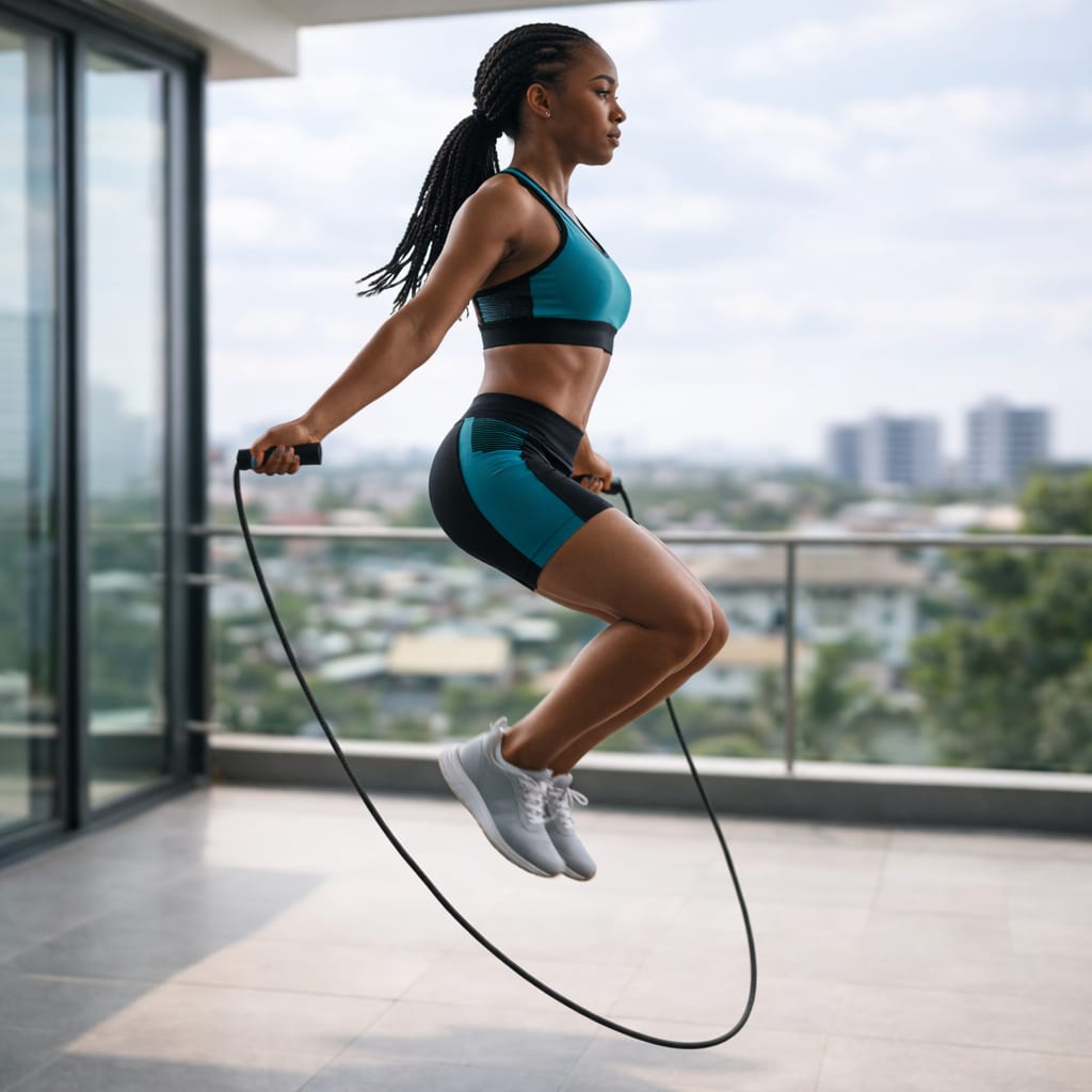 Woman jumping rope in a modern indoor setting with a cityscape view.