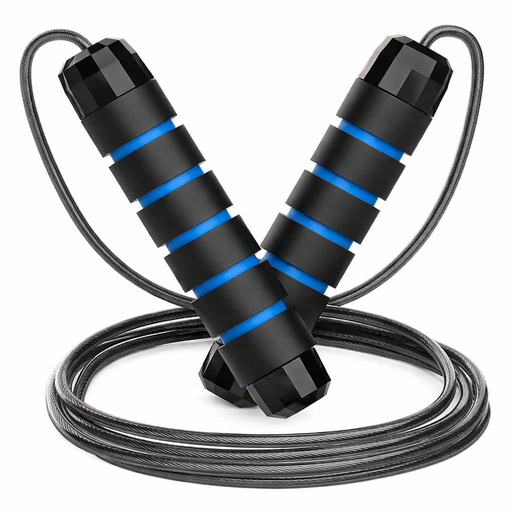 Black and blue jump rope on a white background
