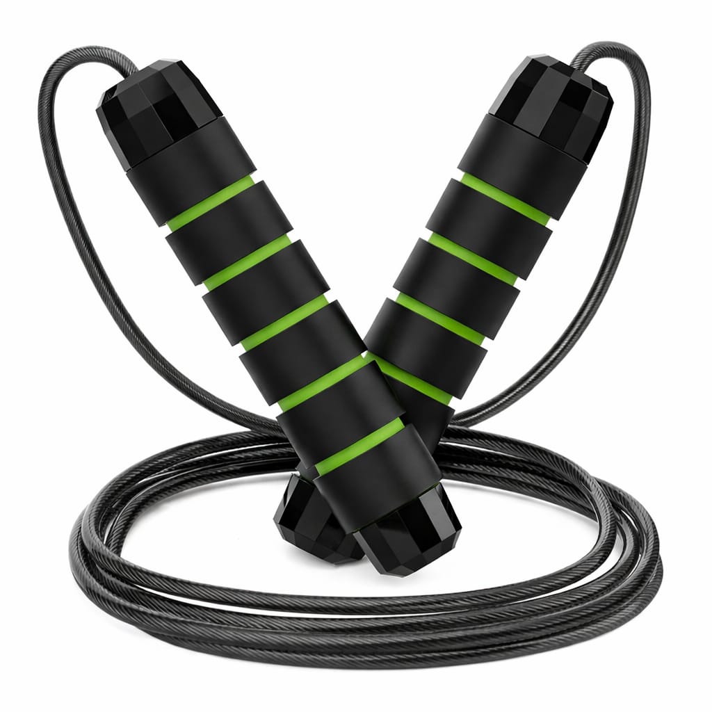 Black and green跳绳 on a white background