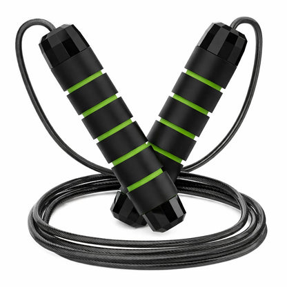 Black and green跳绳 on a white background
