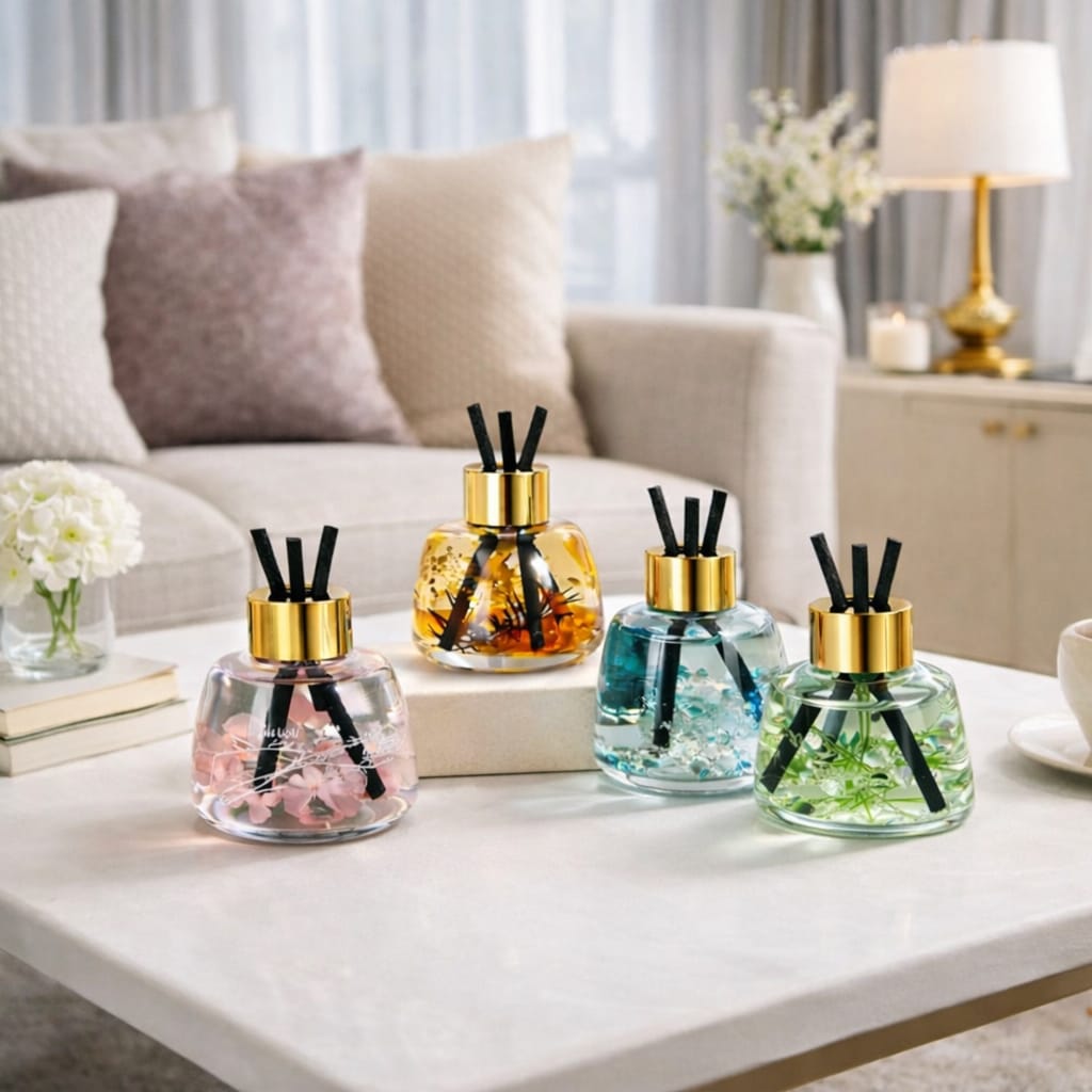 Set of diffusers on a coffee table with a living room background