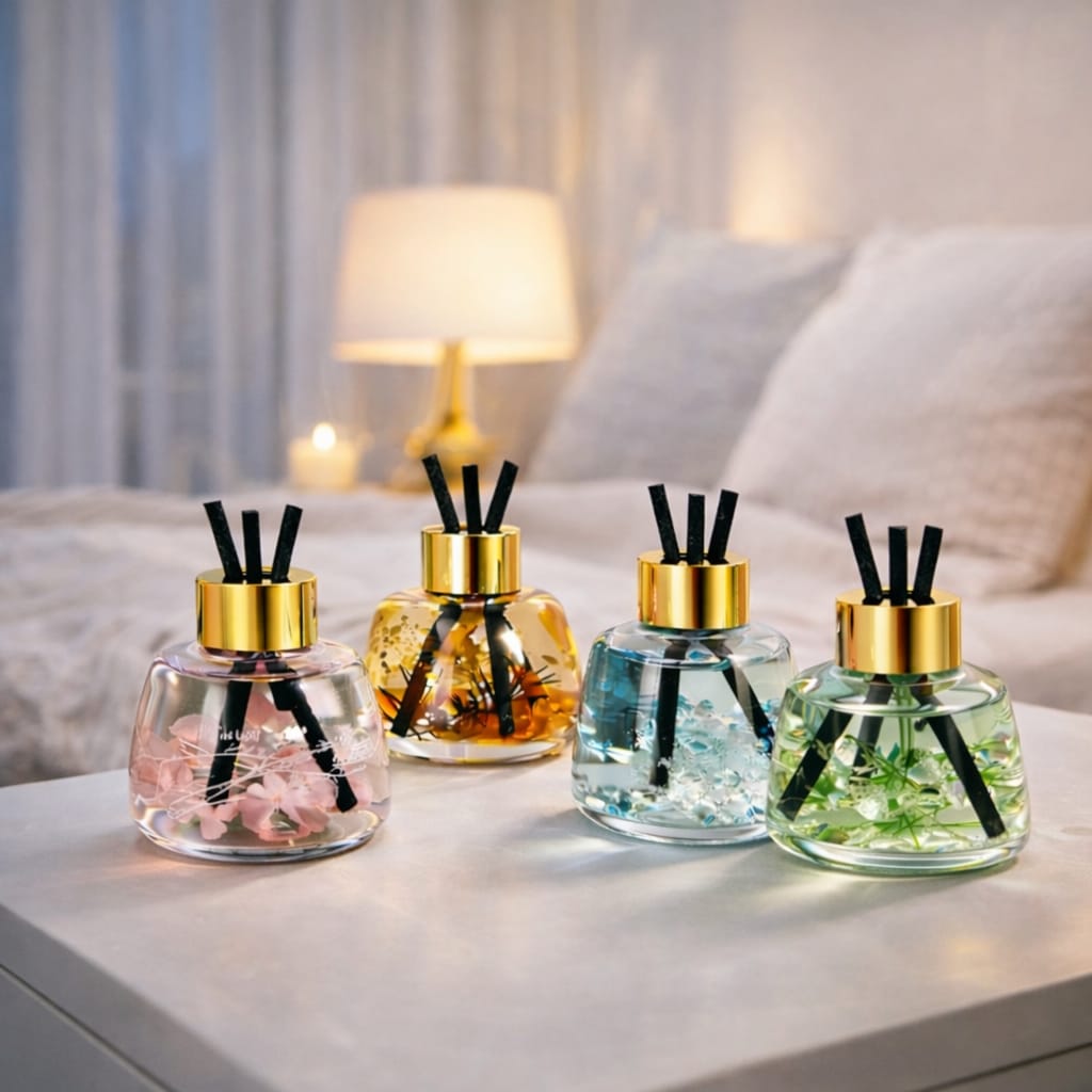 Four diffuser bottles with decorative elements on a table in a home setting.