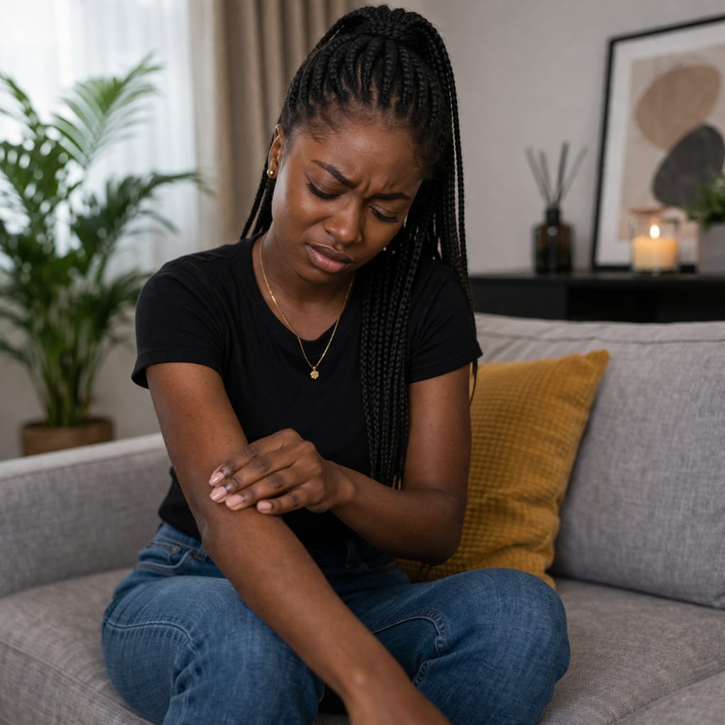 Woman sitting on a couch with a concerned expression, holding her arm.