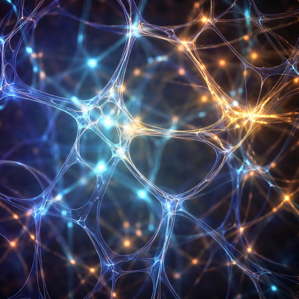 Neural network with blue and orange lights on a dark background