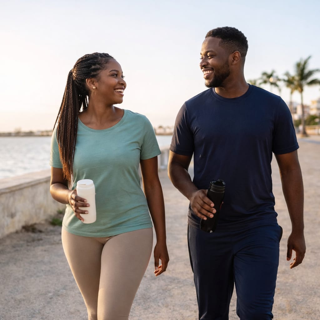 Two people walking along a path by a waterfront, holding drinks.