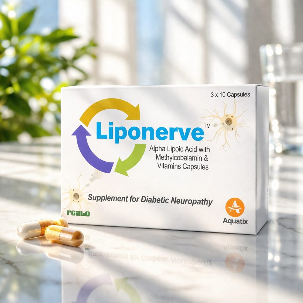 Liponerve supplement packaging on a reflective surface with a blurred natural background