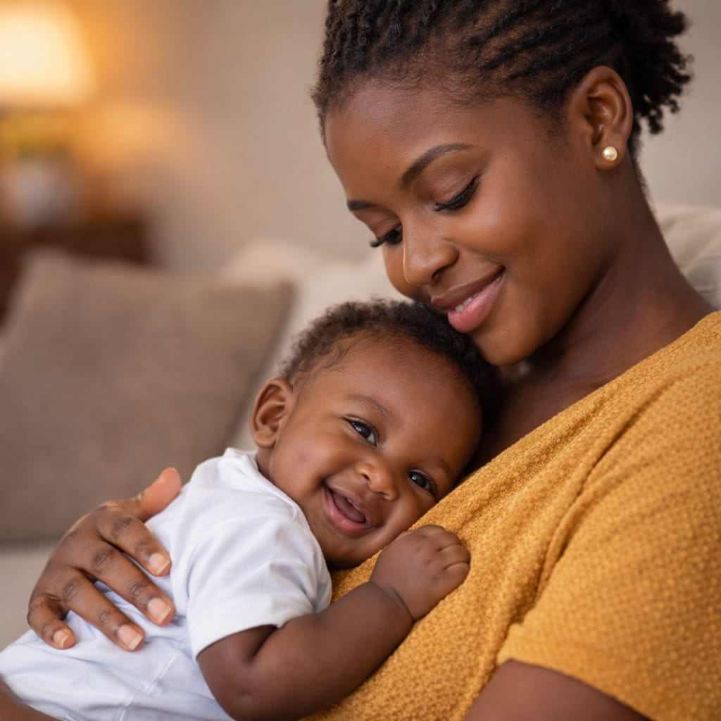Woman holding a baby in a warm indoor setting