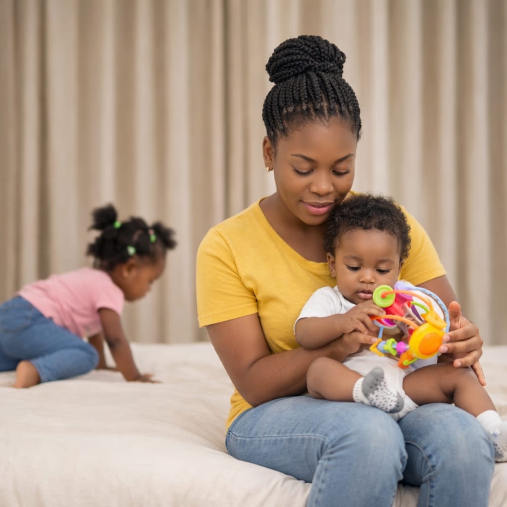 Woman sitting on a bed with a child holding a toy, another child playing in the background.