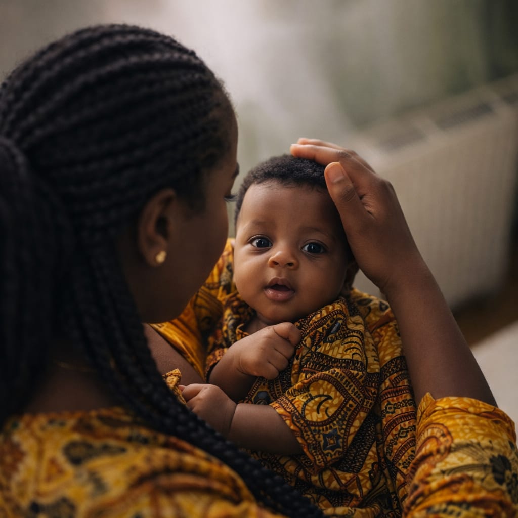 Woman holding a baby in a patterned outfit, with a blurred indoor background