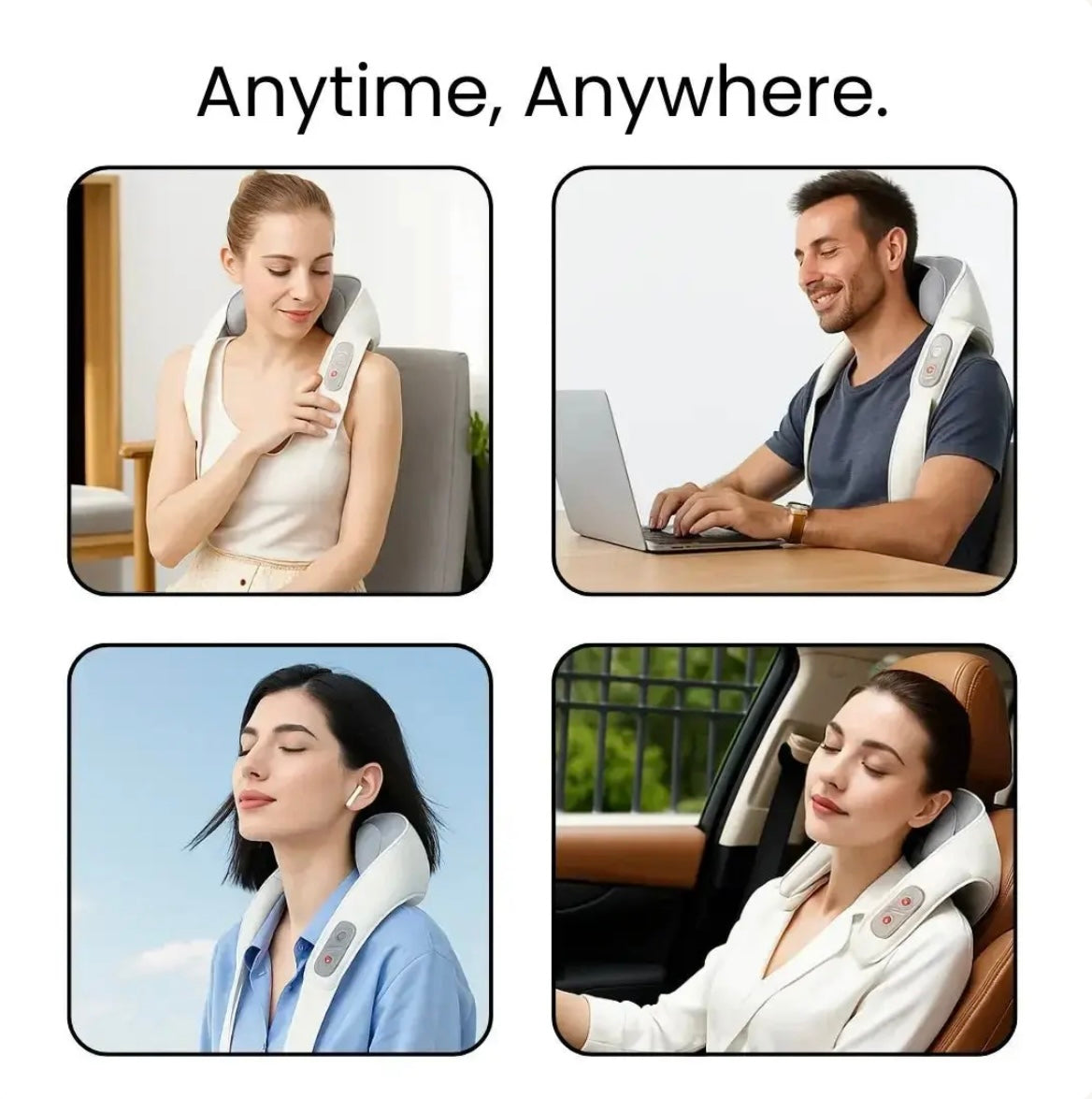 Massage device being used by people in various settings with the text 'Anytime, Anywhere.'