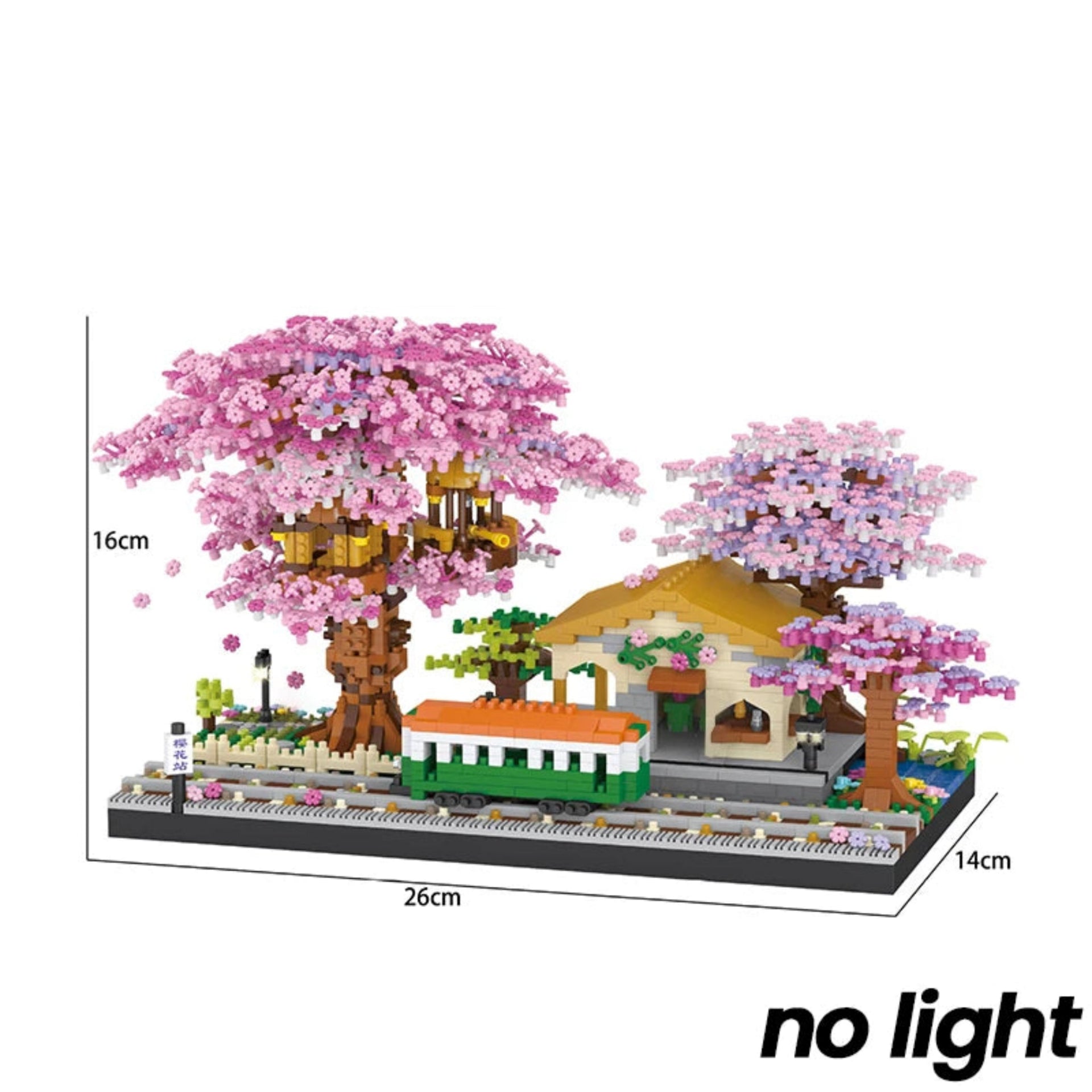 Model of a building with cherry blossom trees, with dimensions and 'no light' label.